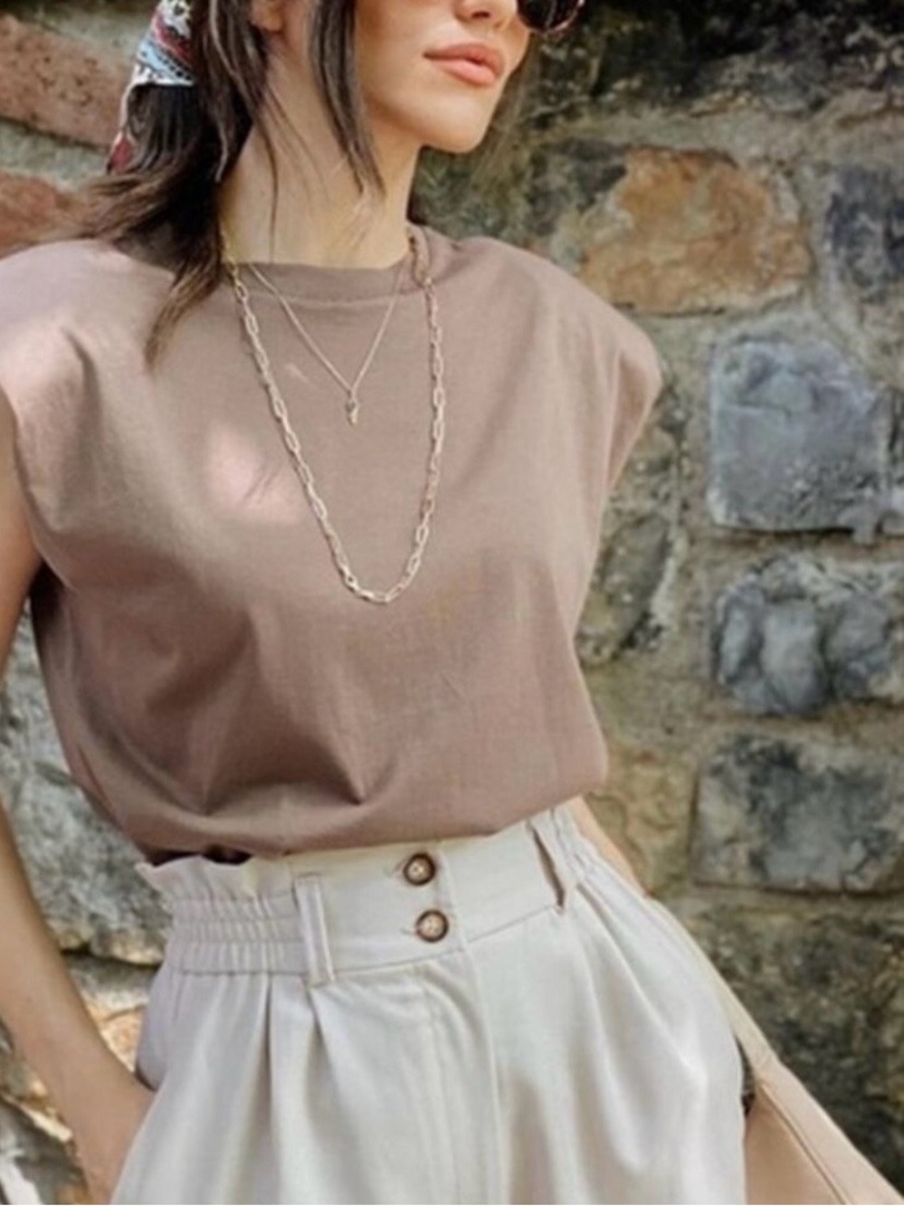 Zara Brown Sleeveless Shoulder Pad Shirt